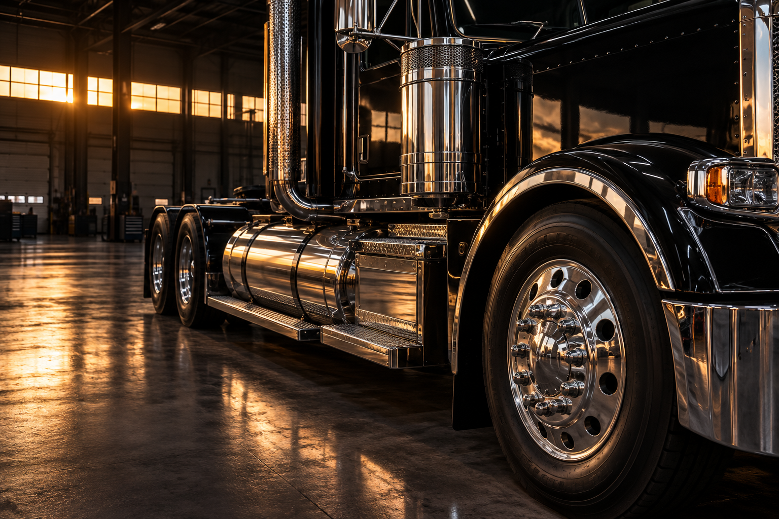 Polished metal on a semi truck in a workshop